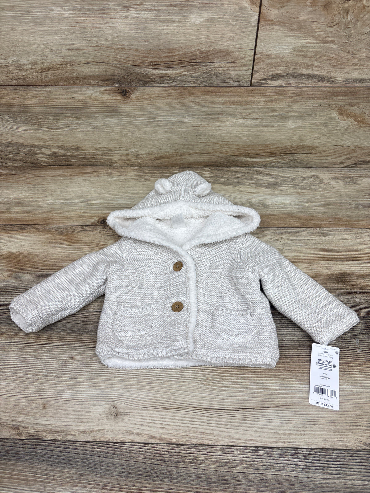 NEW Carter's Sherpa Lined Knit Hooded Button-Up Cardigan Beige sz 6m