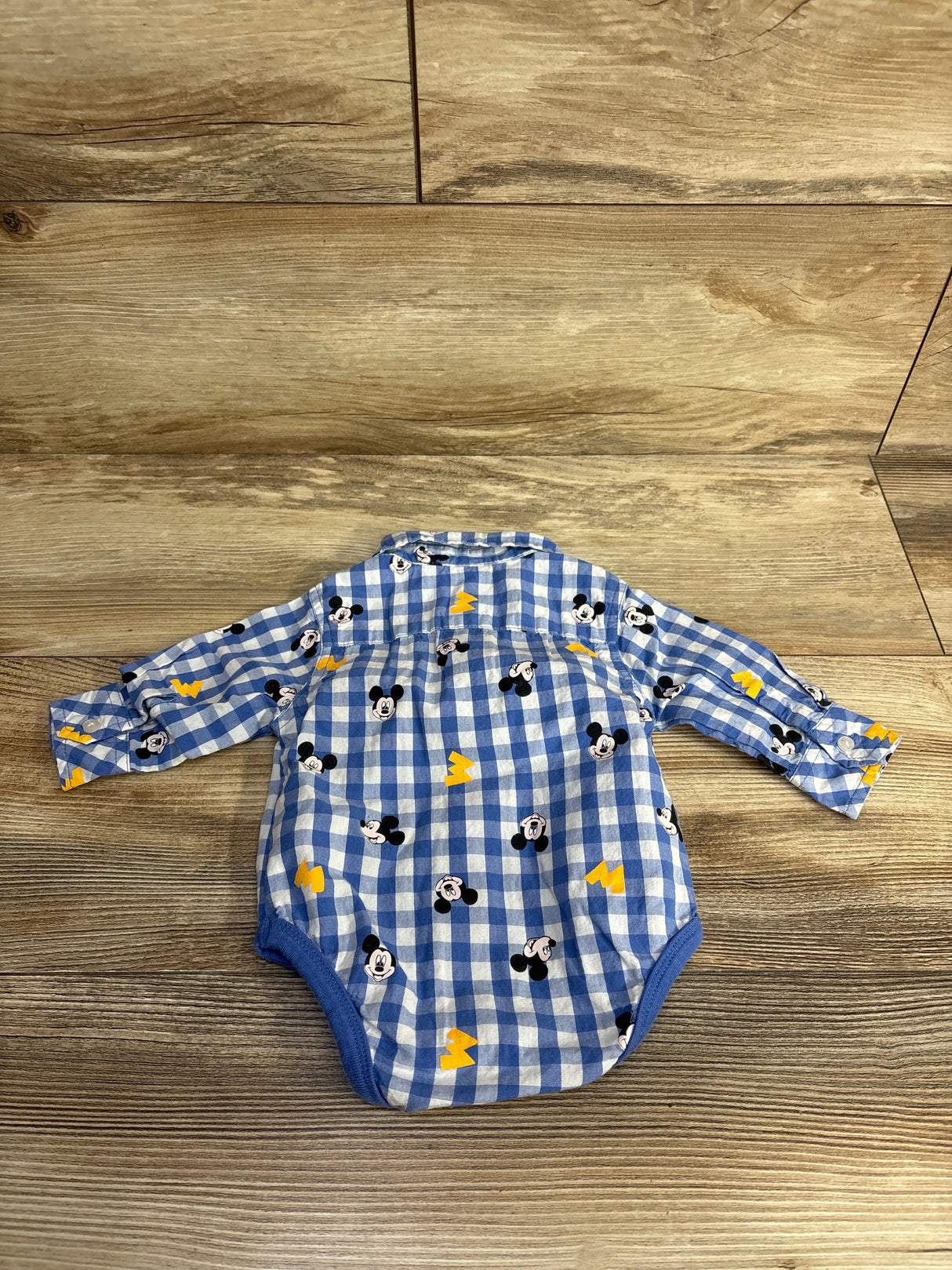 Disney Baby Gingham Button Up Mickey Mouse Bubble Romper Blue sz 1-3m