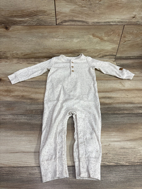 Carter's Ribbed Henley Coverall in ivory with speckled pattern, size 12m, on wood background