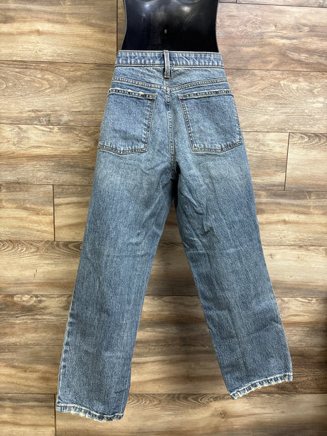 Back view of Isabel maternity side-panel vintage straight jeans size small (6) showing back pockets and straight legs on wood floor