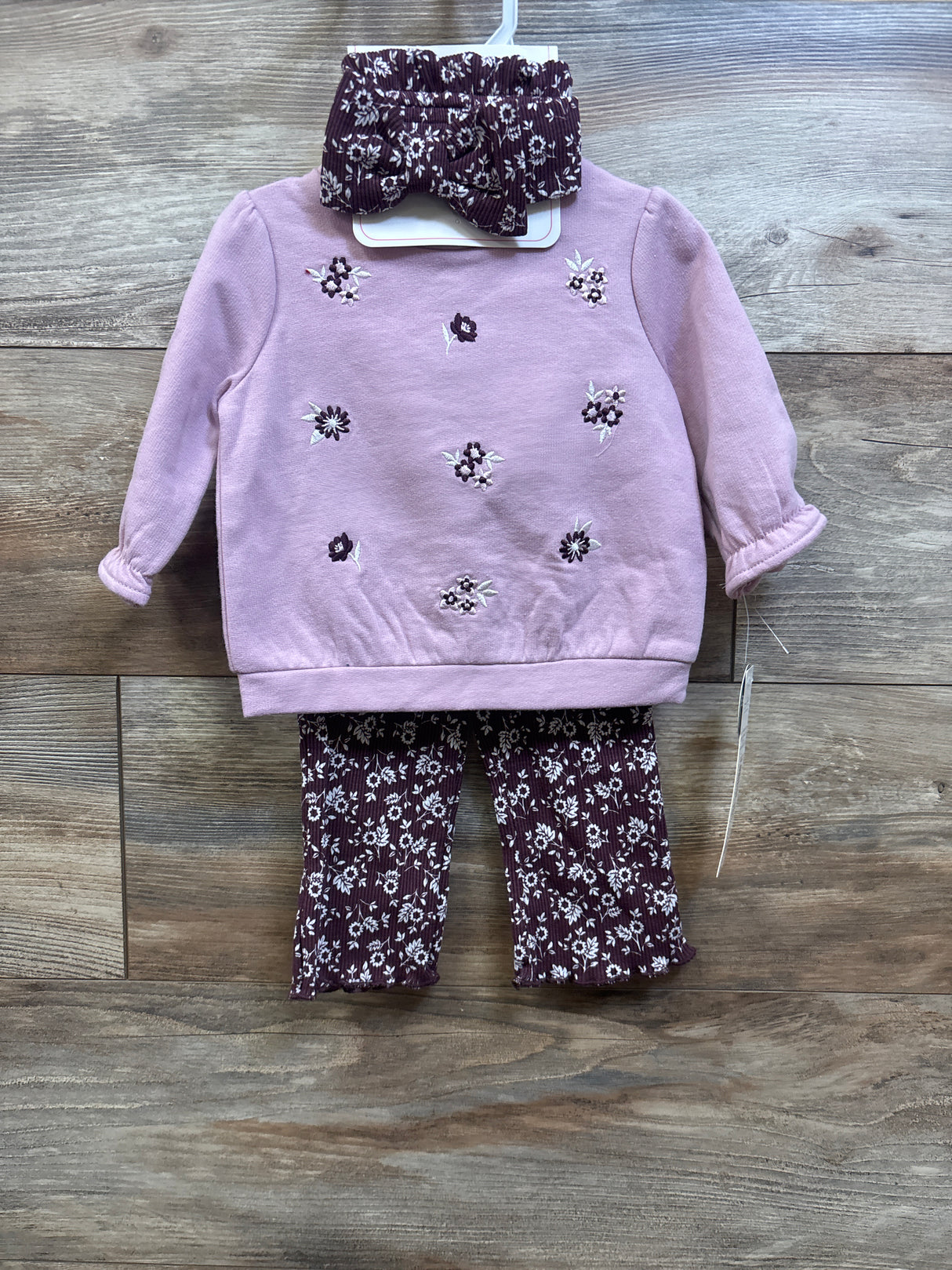 NEW Nicole Miller 3pc Embroidered Sweatshirt, Leggings, & Headband Set Pink sz 3/6m