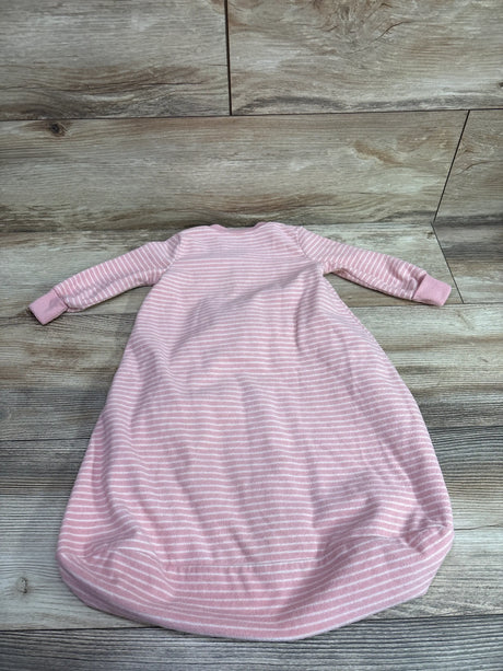 Carter's pink and white striped baby blanket sleep sack, size 0-3m, on a wooden background