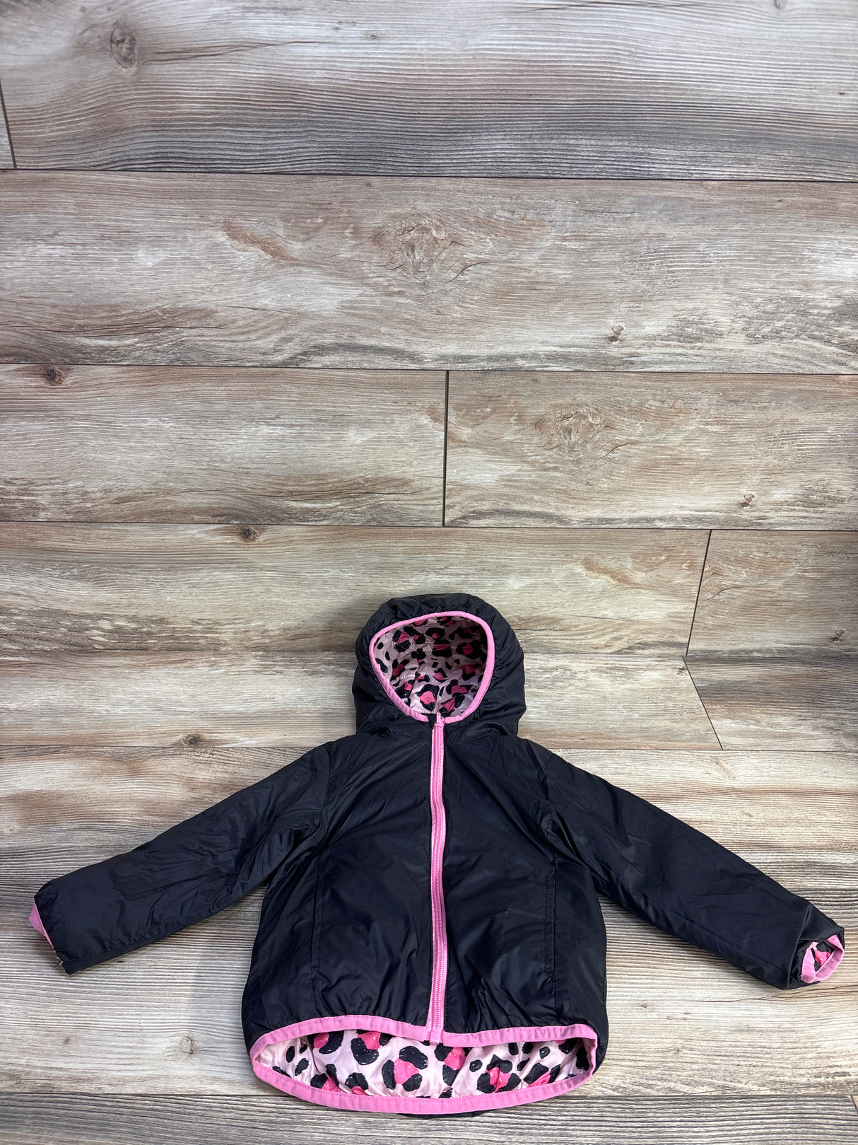 Okie Dokie Reversible Puffer Coat Pink Leopard/Black Coat sz 24m