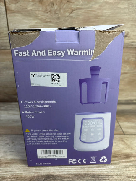 Front view of Kumikimi 12-in-1 bottle warmer box showcasing device image and Fast And Easy Warming on purple background