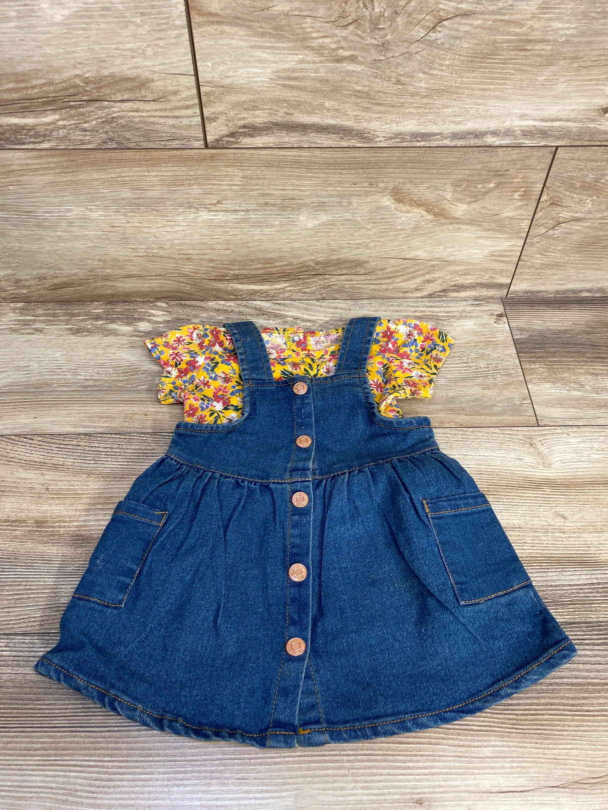 BCBG Girls 2pc Floral Bodysuit & Denim Jumper Blue sz 12m