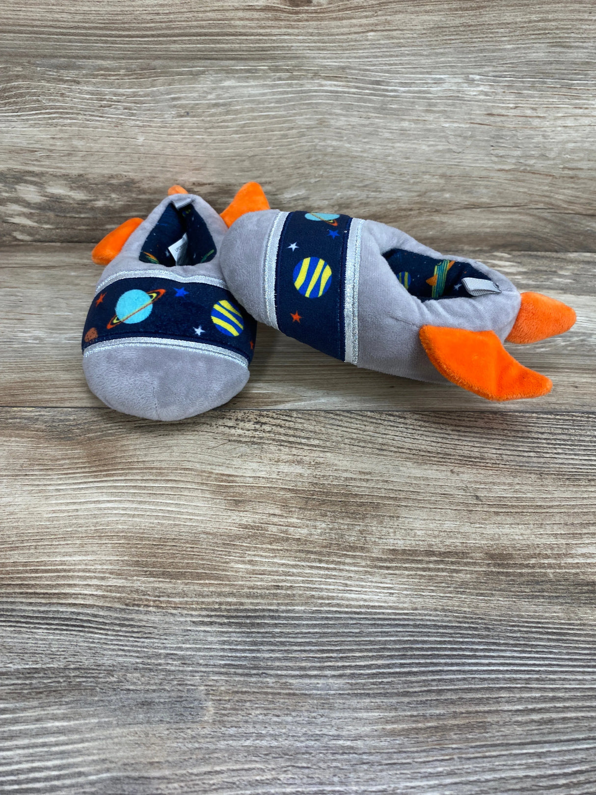 Wonder Nation Toddler Boys Plush Gray Outer Space Rocket Ship Slippers