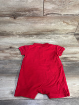 Back view of Baby Gap red Henley polo romper (size 6-12 months) showing short sleeves and collar on wood background