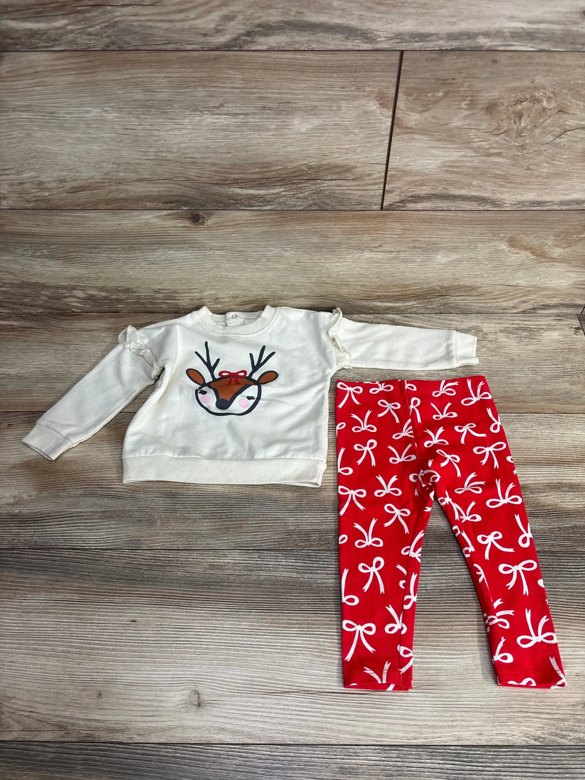 Kids Christmas outfit with reindeer top and red bow print pants, festive holiday clothing for toddlers