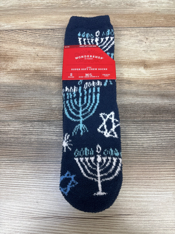 NEW Wondershop 2pk Super Soft Hanukkah Crew Socks Blue sz 2-5Y