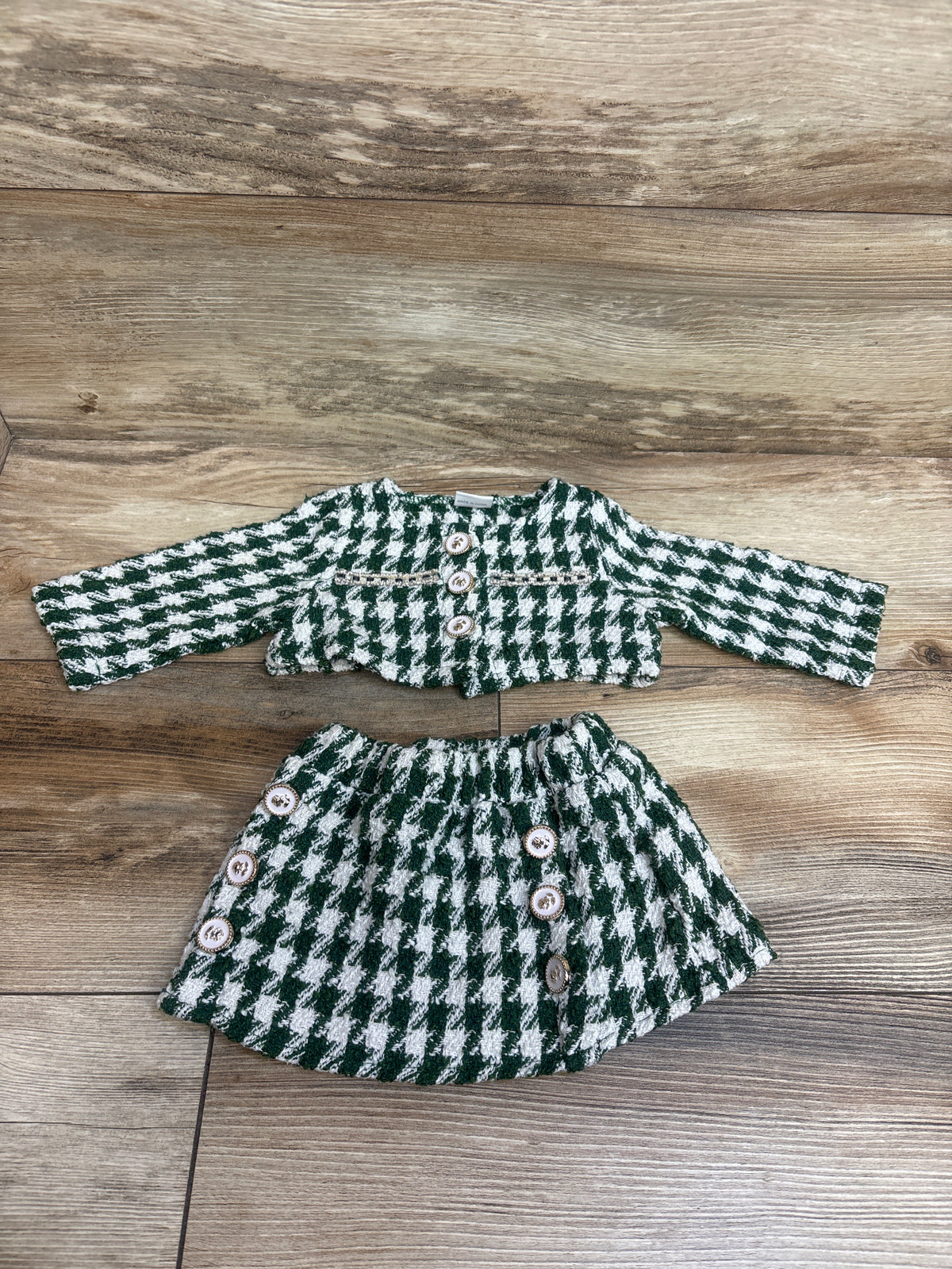 Shein 2pc Houndstooth Tweed Cropped Cardigan & Skirt Set Green sz 3-6m