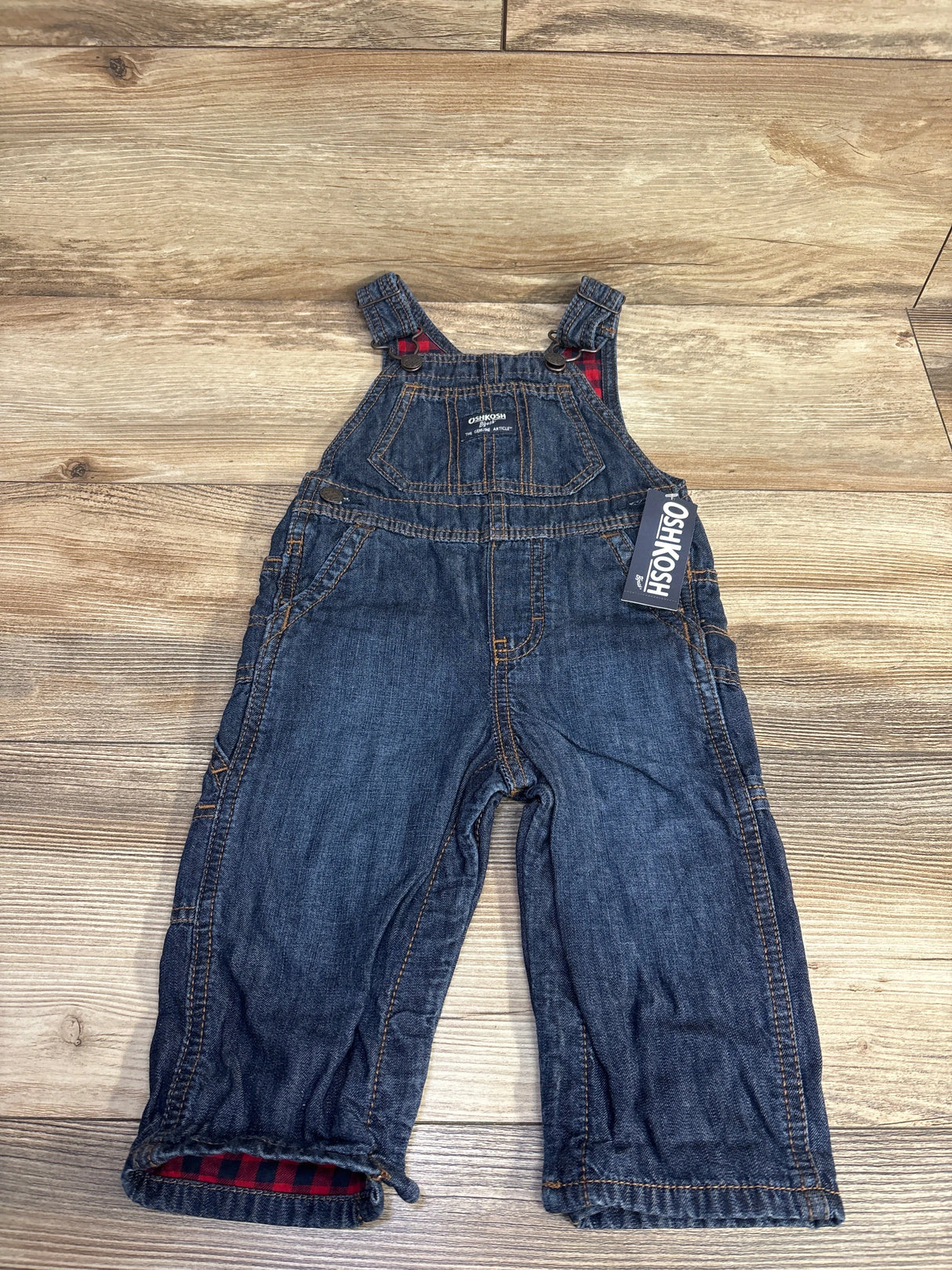 NEW OshKosh Buffalo Check Denim Overalls Blue sz 12m