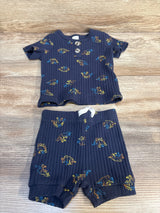Navy blue ribbed baby outfit set with dinosaur print, short sleeve shirt and shorts