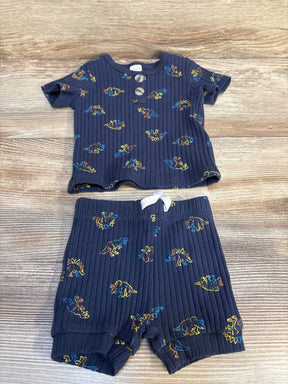 Navy blue ribbed baby outfit set with dinosaur print, short sleeve shirt and shorts