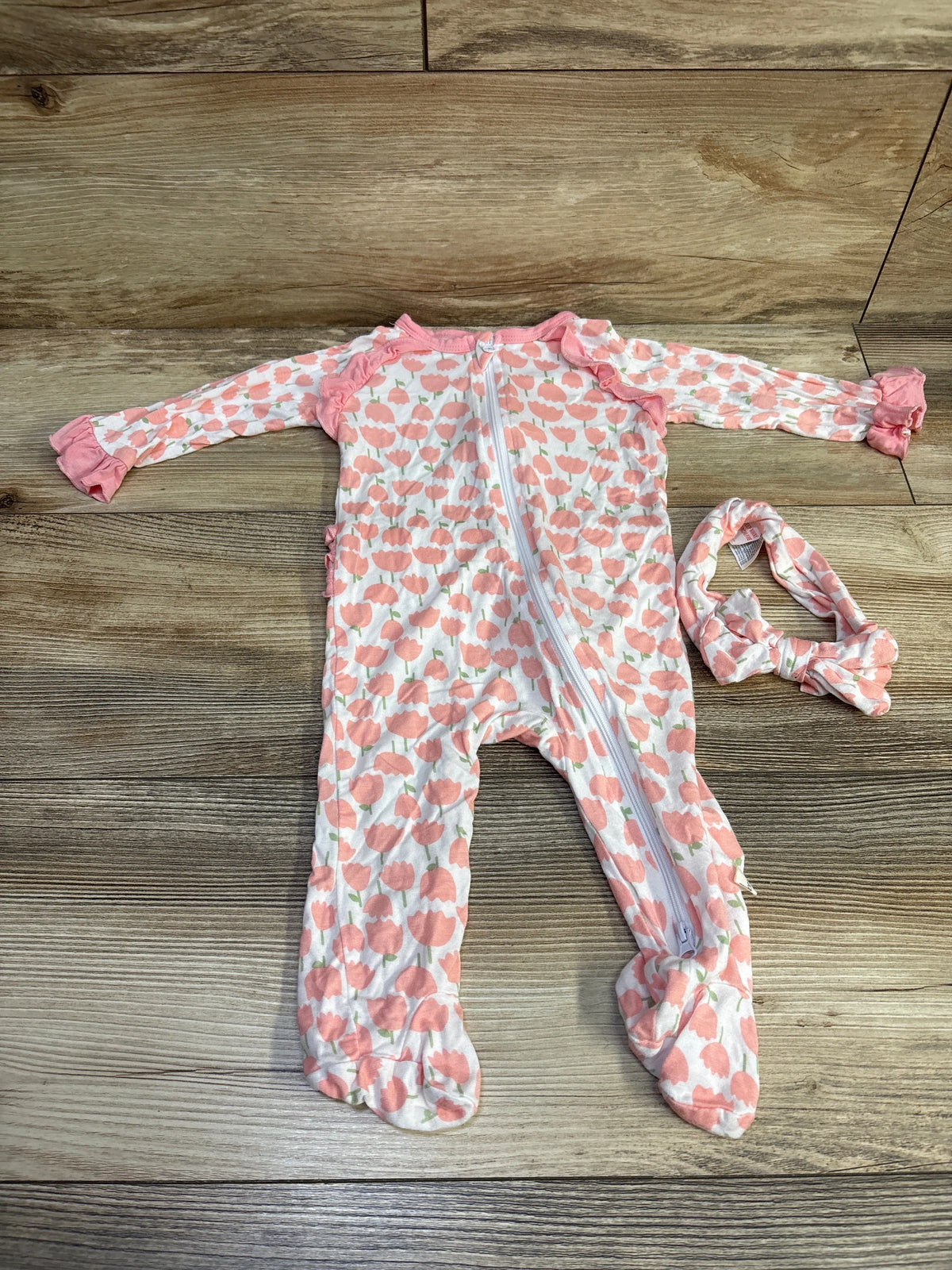 Miljberry 2pc bamboo ruffle footie pajama and matching headband with pink floral print