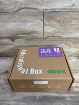 Front view of Tookyland Montessori Educational Toy Box showing 13-18 months, 60 pcs label on kraft box with wood background