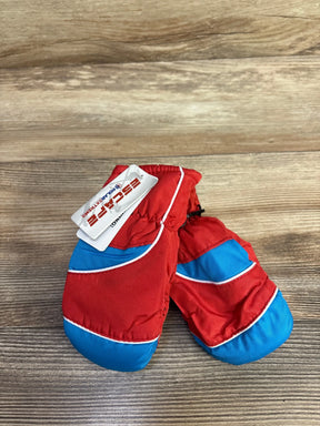 Pair of red and blue children's insulated winter mittens on wood surface with Escape brand tag