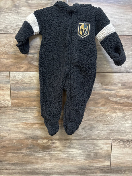 Front view of black NHL Golden Knights teddy fleece bunting with hood, white sleeve bands, footed legs, and front zipper