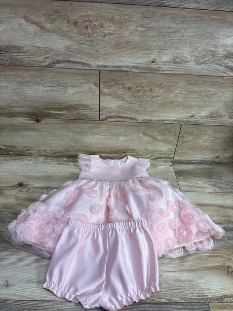 Nannette Baby pink 2-piece rosette dress and matching bloomers set on a wooden background