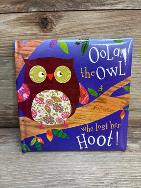 Children's book cover with colorful owl illustration, Oola the Owl who lost her hoot, wood background