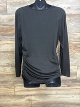 Front view of Ekouaer maternity black long-sleeve shirt showing side ruching and crew neck on mannequin against wood background