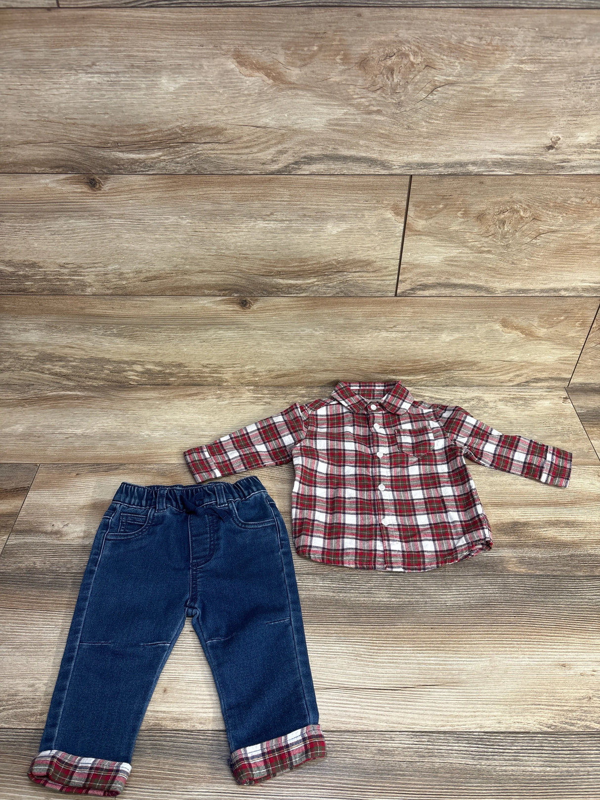 First Impressions 2pc Button Up Plaid Flannel & Pants Set Red sz 6-9m