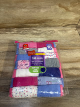 Front view of Hanes 14-pack girls' bikinis, assorted pinks and purples, size 16 tag, clear pack on wood background