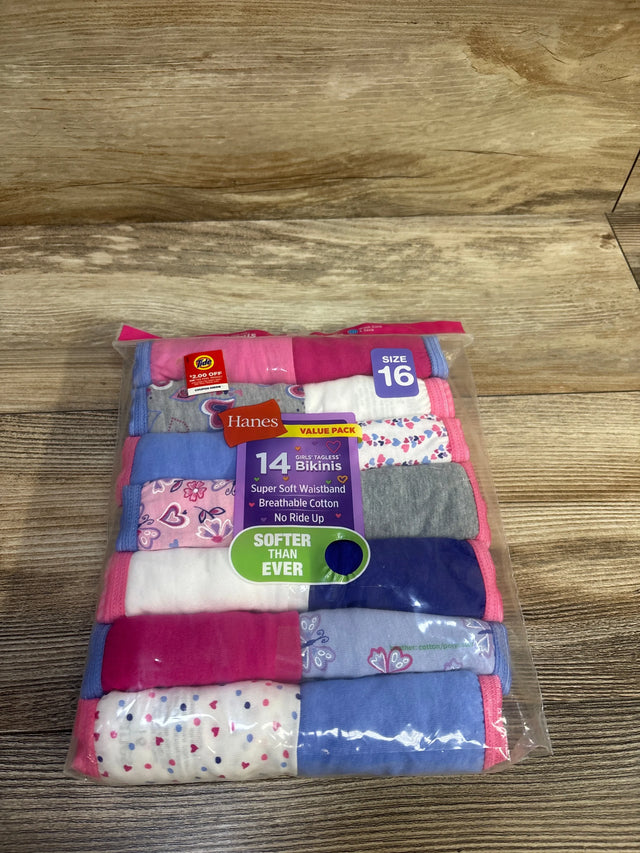 Front view of Hanes 14-pack girls' bikinis, assorted pinks and purples, size 16 tag, clear pack on wood background