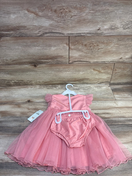 Front view of pink Laughing Llama tulle dress and bloomers set on a hanger against wood backdrop