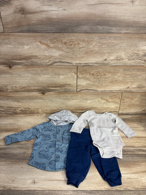 Baby boy outfit set with blue hooded animal print shirt, striped bodysuit, and navy pants
