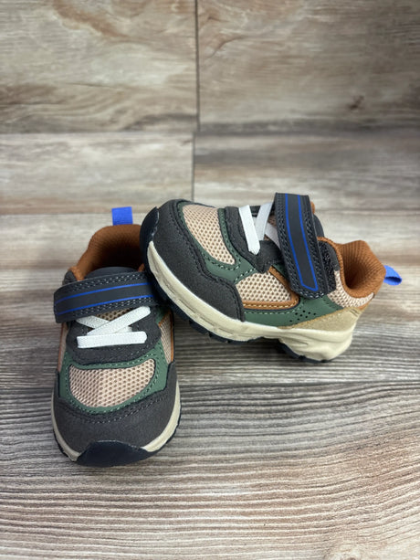 Top and side view of Wonder Nation Chunky Jogger Sneakers in brown, showcasing Velcro straps and mesh panels on a wood-look background