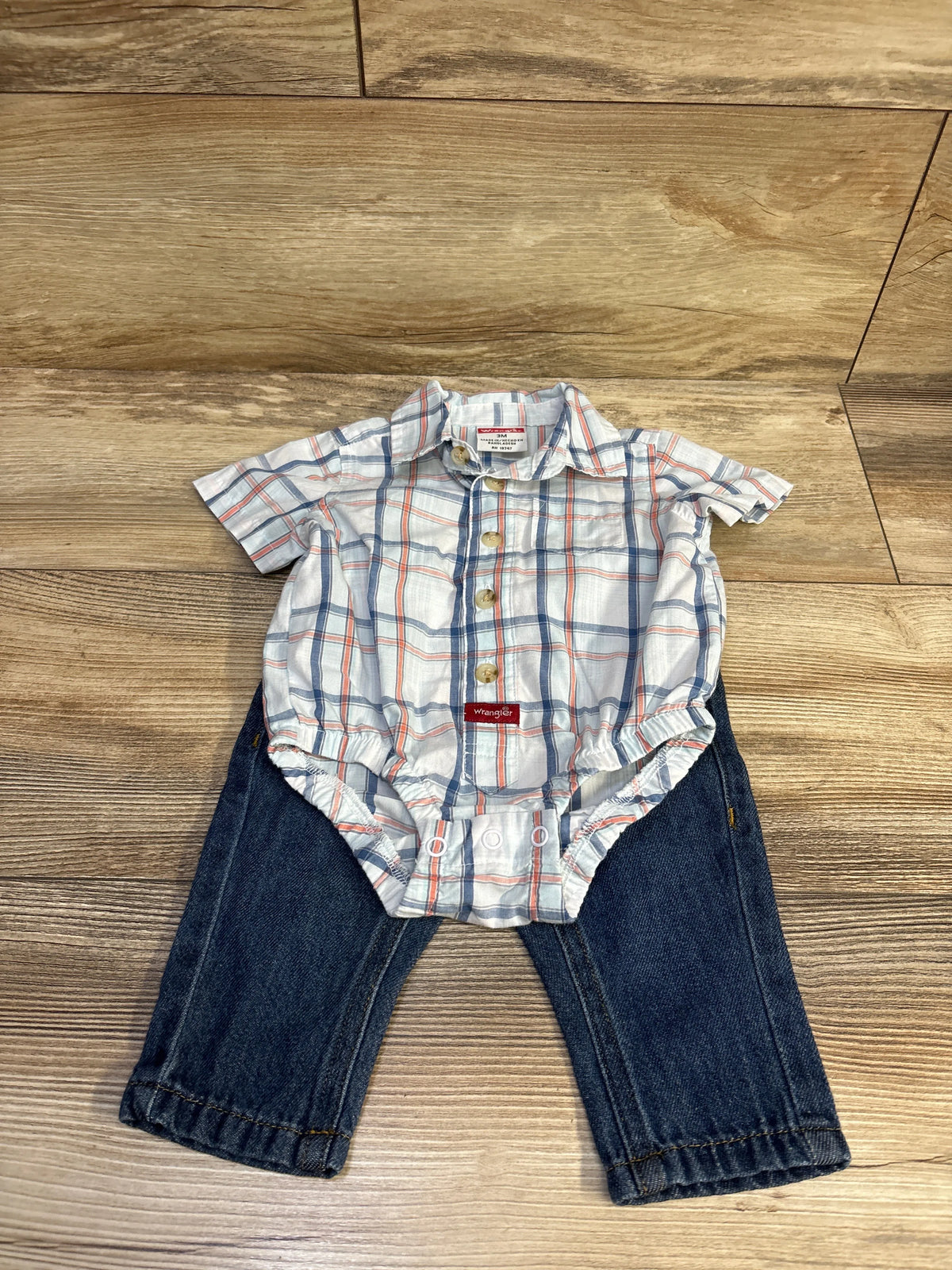 Wrangler 2pc Plaid Button-Up Bubble Romper & Pants Set Blue sz 3m