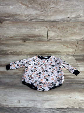 Minnie Mouse Halloween baby onesie with pumpkins, candy, and black cats on light background