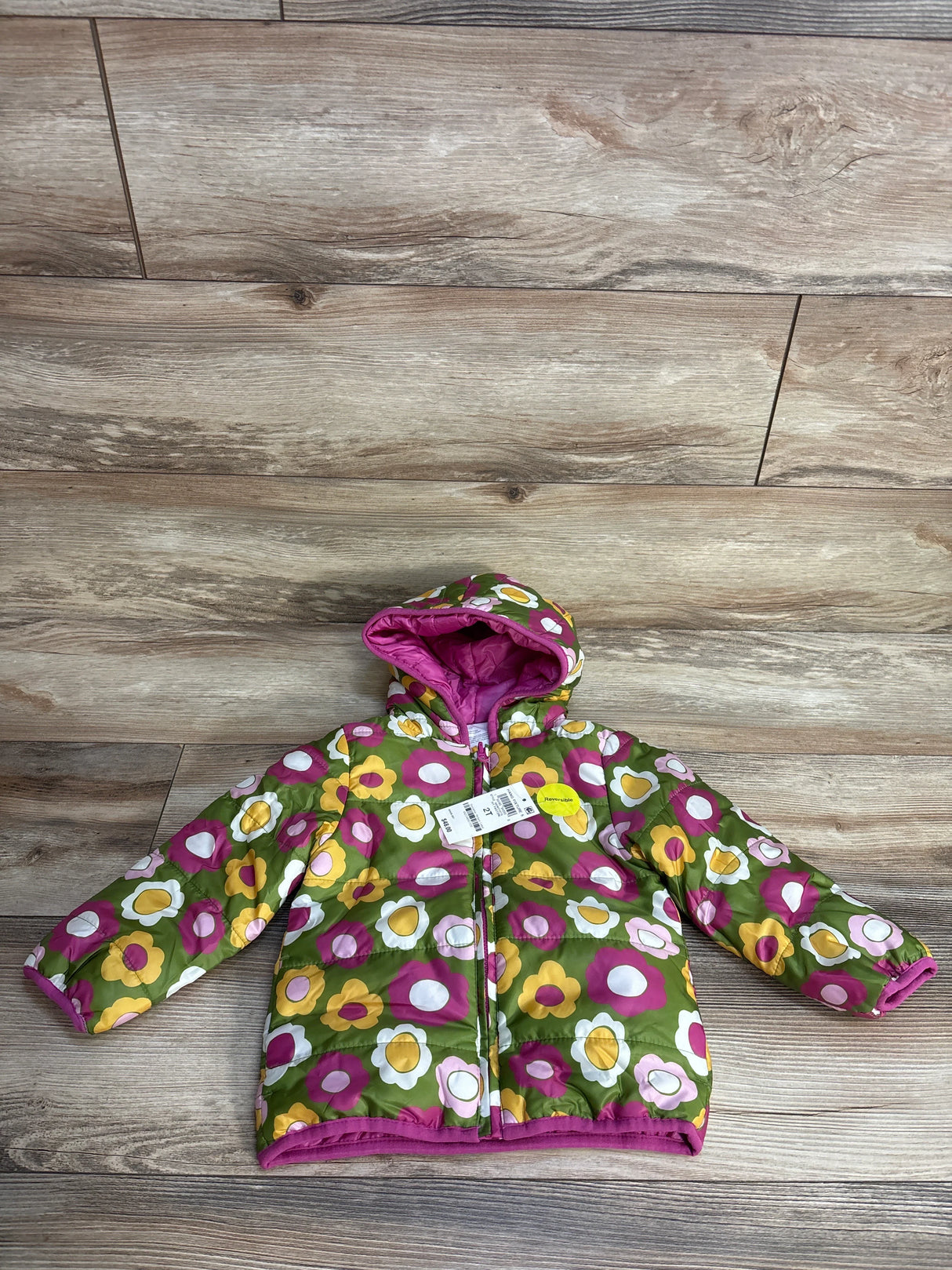 NEW Epic Threads Wonky Floral-Print Reversible Puffer Jacket Green 2T