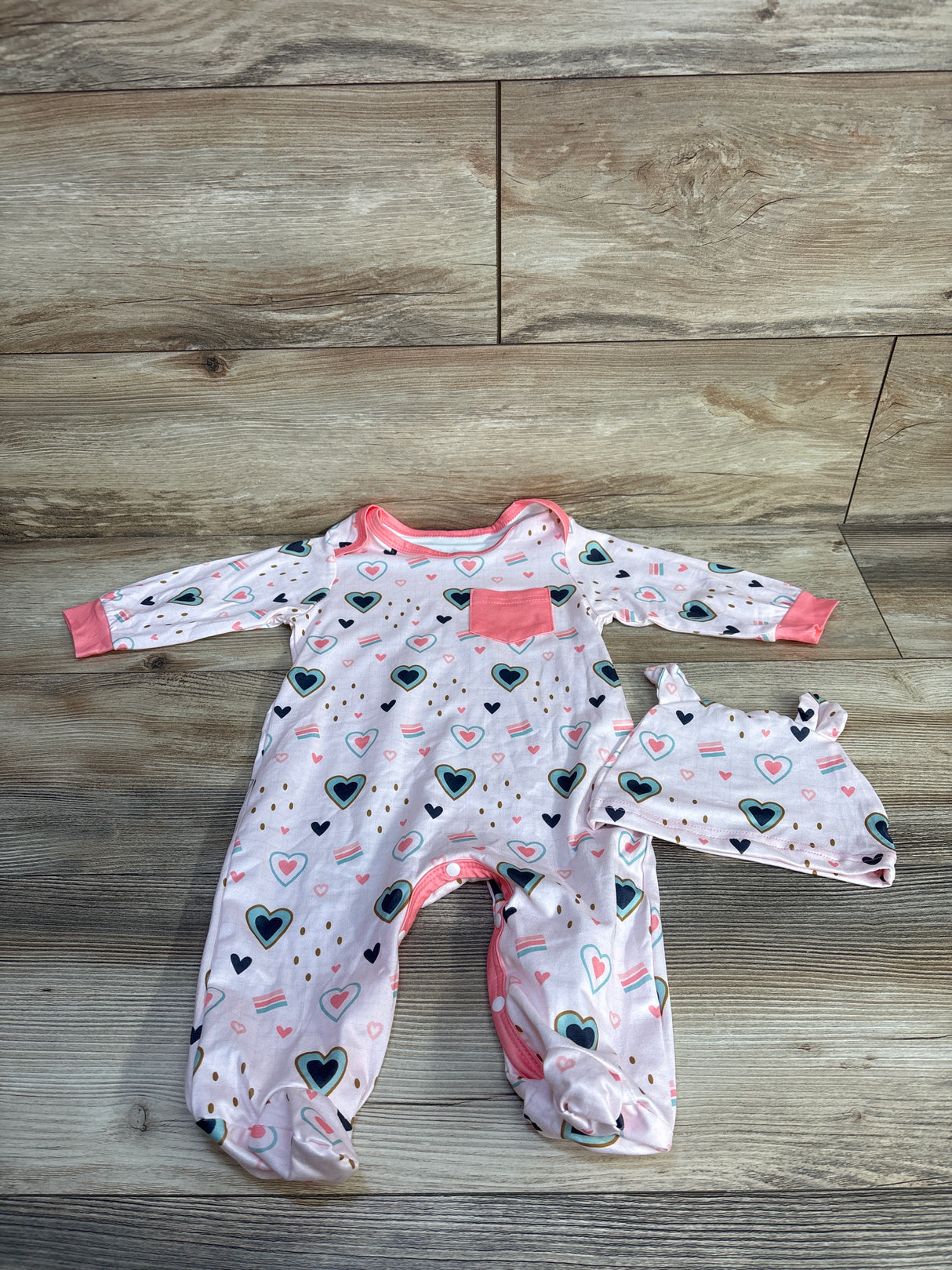 2pc Heart Print Footed Coverall & Hat Set Light Pink sz 6-9m