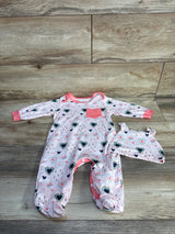 2pc Heart Print Footed Coverall & Hat Set Light Pink sz 6-9m