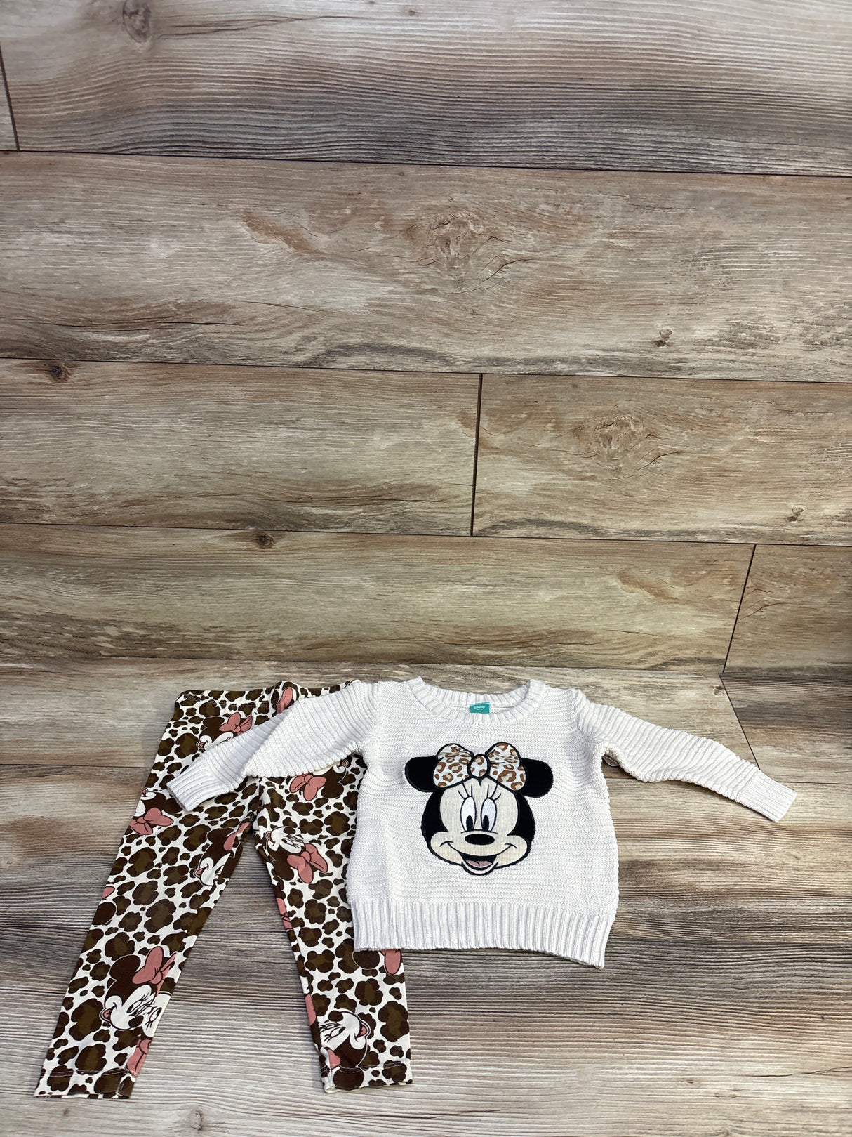 NEW Disney Baby 2pc Minnie Mouse Knit Sweater & Leopard Pants Beige sz 12m