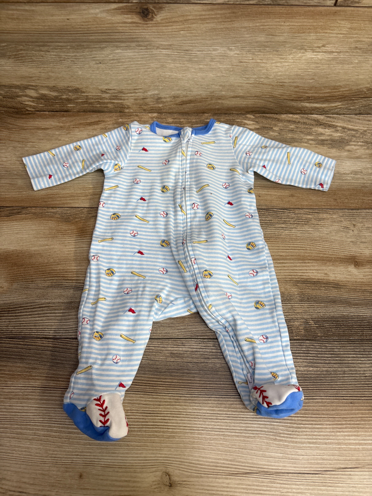 Little Me Striped Baseball Print Sleeper Light Blue sz 3m