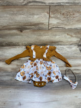 2pc Ribbed Floral Bodysuit Dress & Headband Brown sz 18-24m