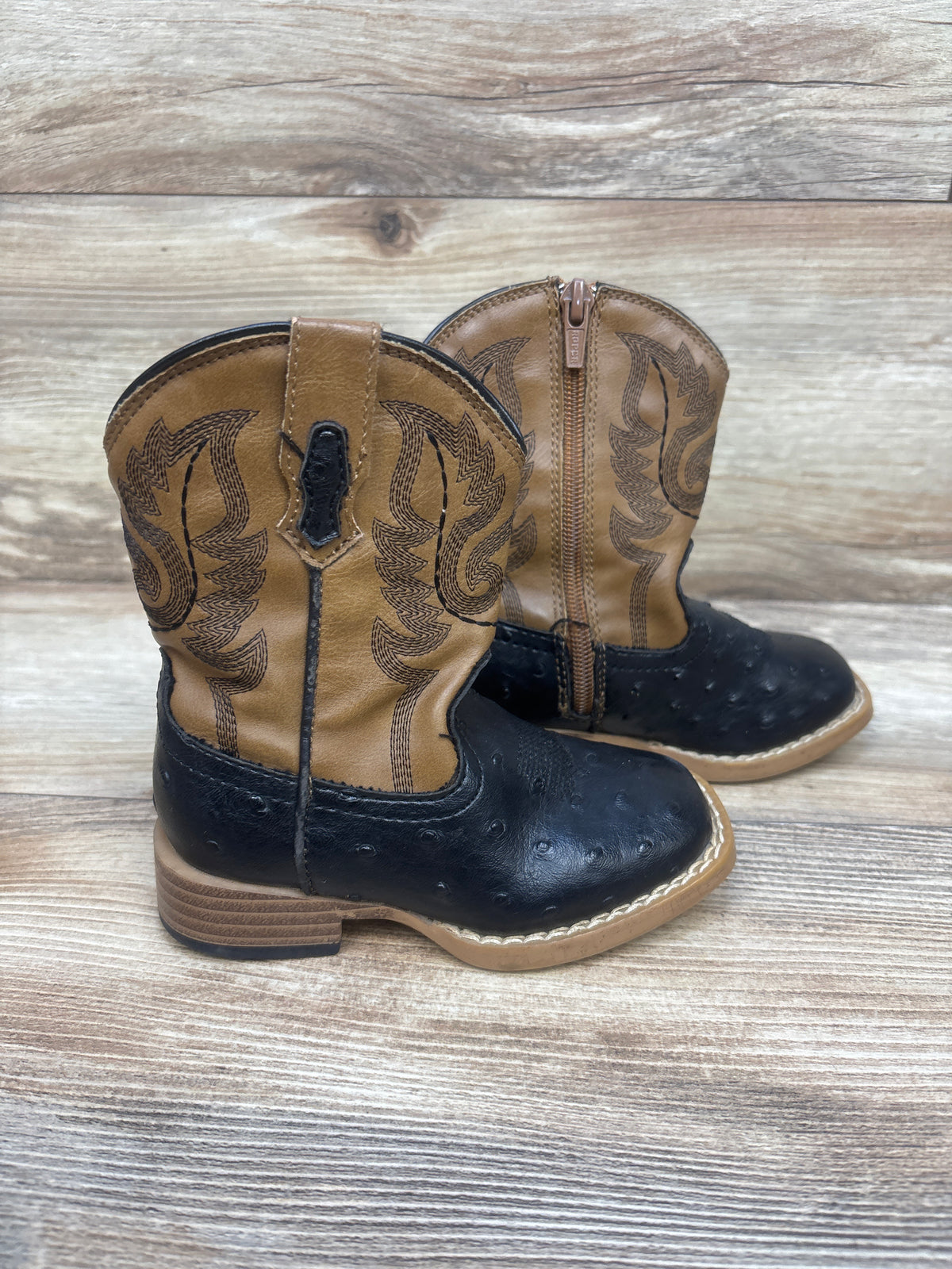 Roper Square Toe Ostrich Print Western Boots Black/Tan sz 6c