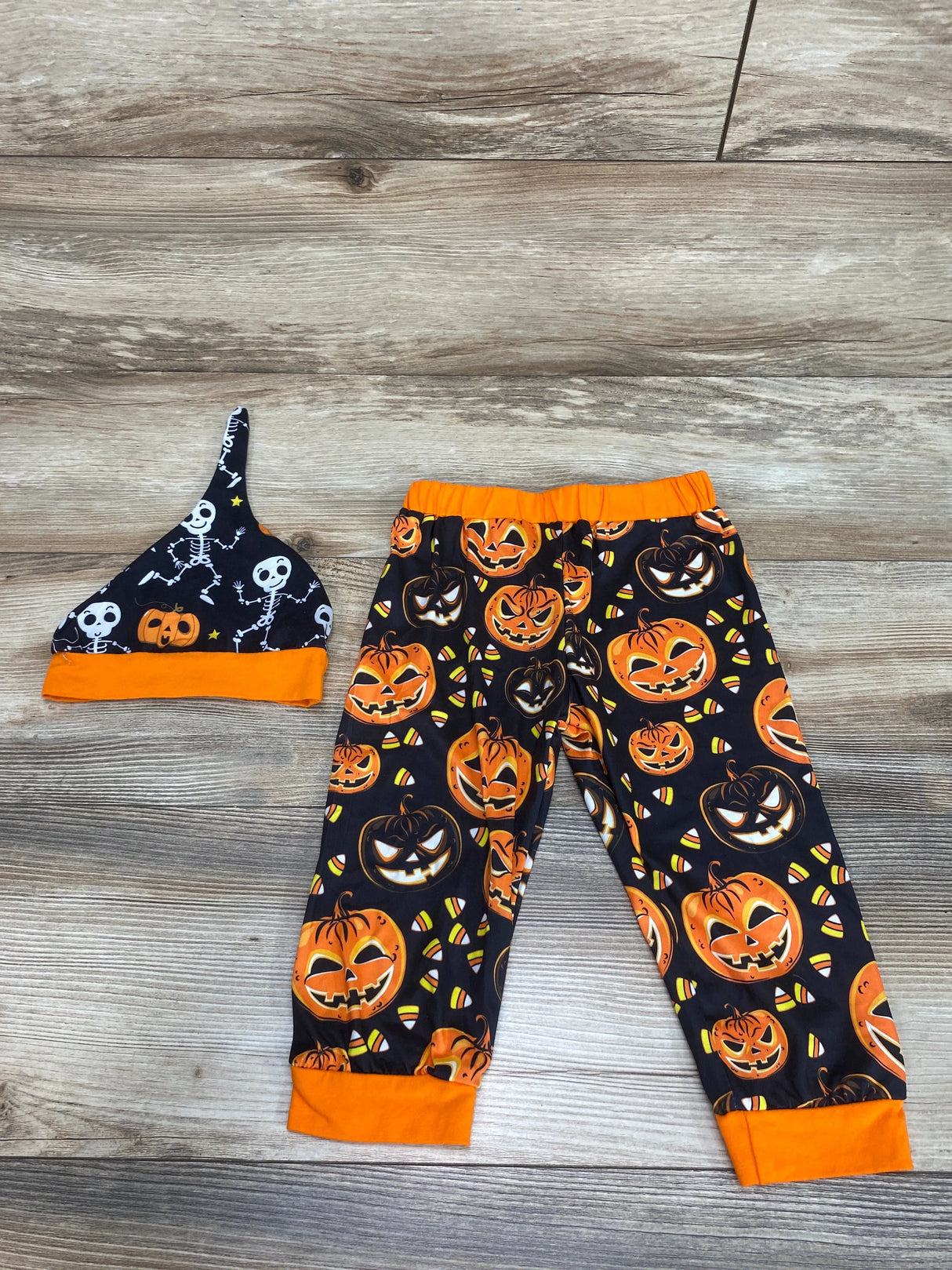 2pc Jack O Lantern Pumpkin Print Pants & Hat Black sz 12-18m