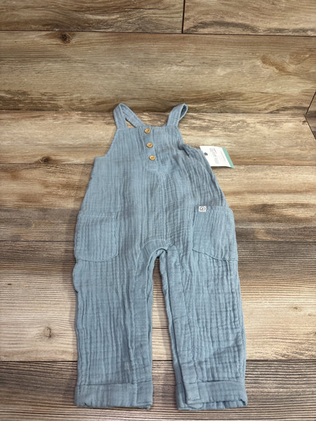 Front view of Little Planet blue organic cotton gauze henley overalls in size 12 months, showing three buttons and patch pockets on wood