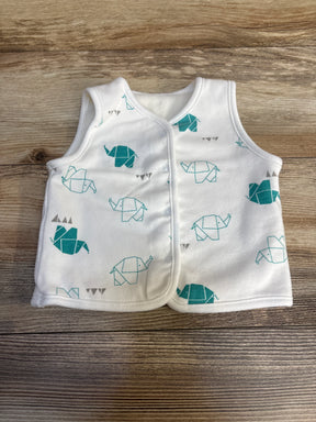 White baby vest with teal origami elephant print, sleeveless, snap buttons, on wood background