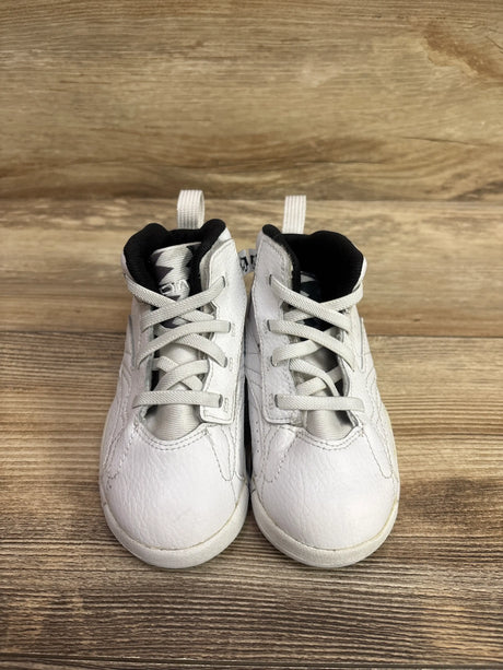 Front view of Jordan Jumpman MVP White Black sneakers, size 9C, showing laced uppers on a wood grain background