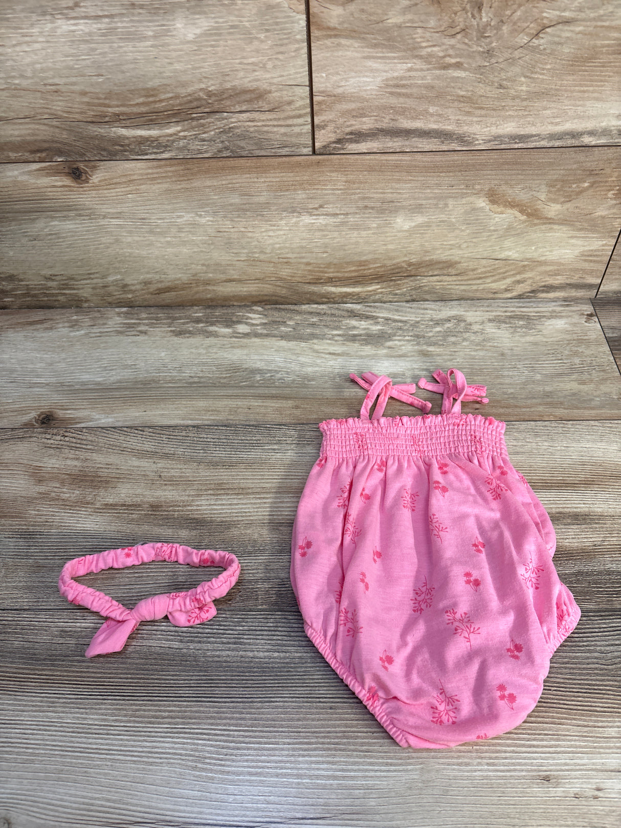 7 for all Mankind 2pc Smocked Bubble Romper & Headband Pink sz 0/3m