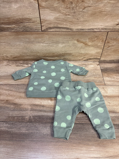 Flat lay of newborn two-piece sweatshirt and pants set showing sage green fabric with mint polka dots on wood background