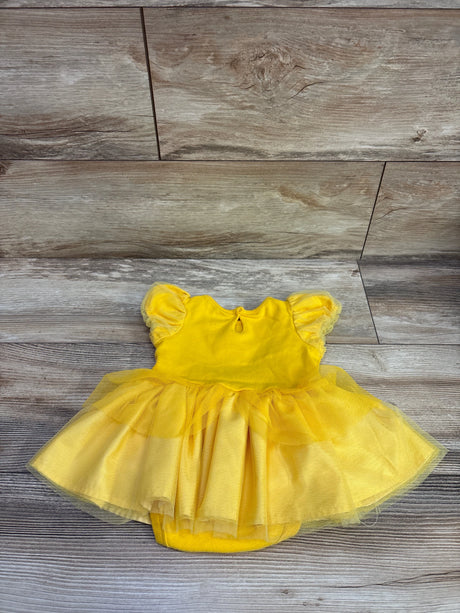 Front view of Disney Store Beauty & The Beast yellow tutu bodysuit with puff sleeves and layered tulle skirt on wood floor