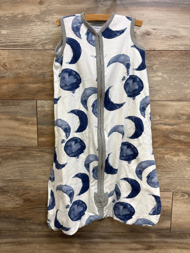 Front view of Burt's Bees Baby Beekeeper wearable sleepsack showcasing navy watercolor moon print, center front zipper and grey trim on wood background