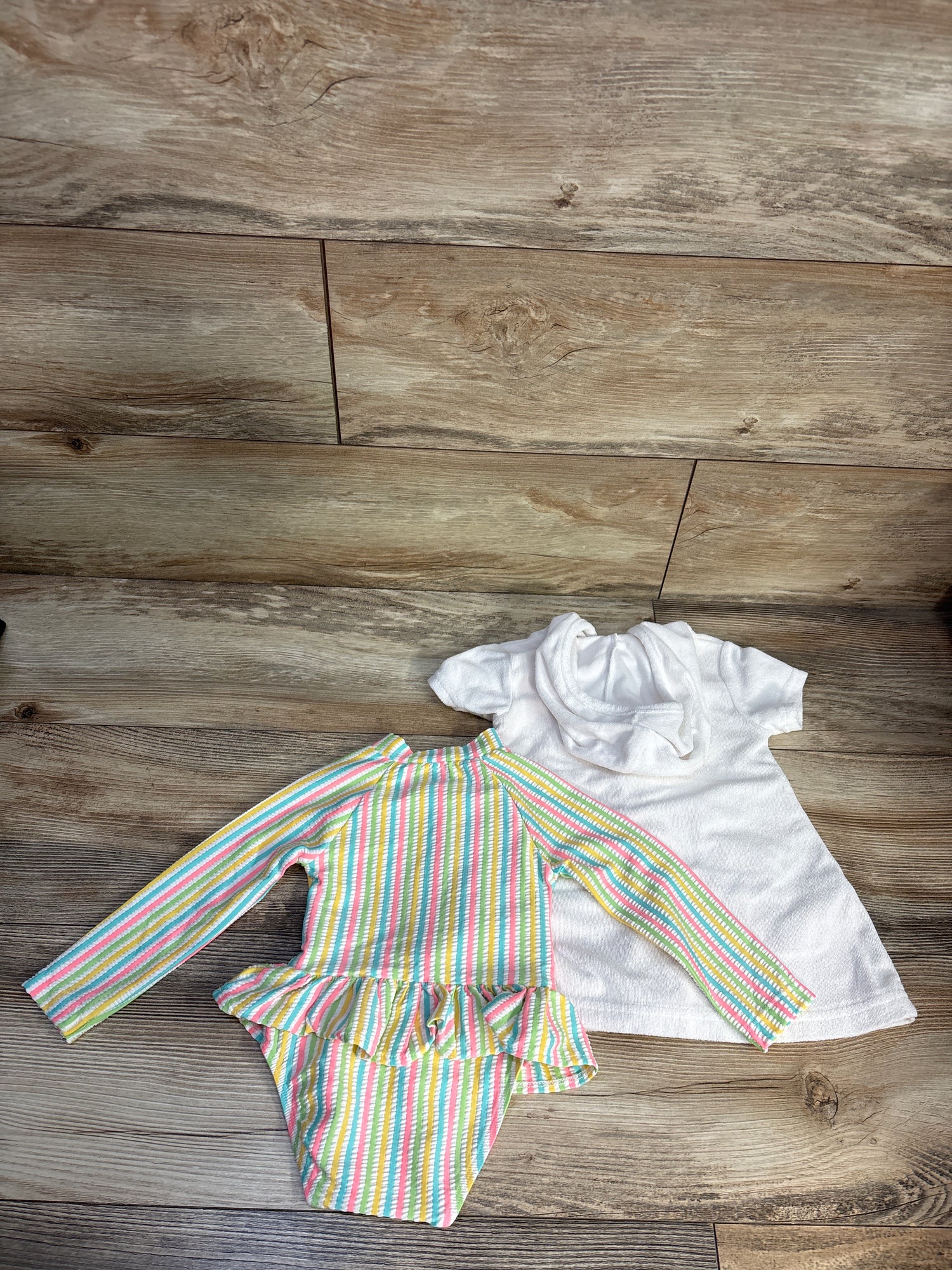 Little Me 2pc Striped Seersucker Swimsuit & Hooded Terry Cloth Cover-Up White sz 18m
