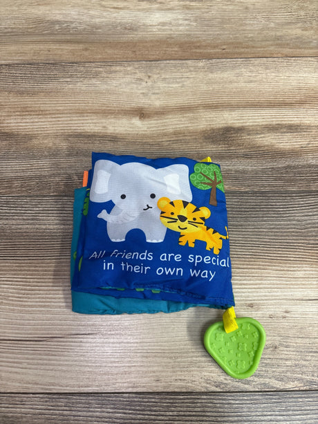 Overhead view of Jungle Friends cloth crinkle book with elephant, tiger, green teether, and text All friends are special