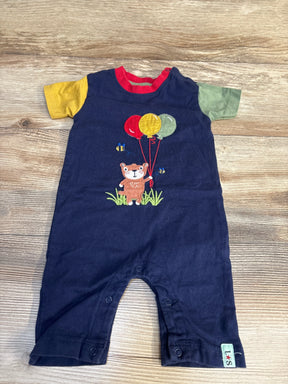 Navy blue baby romper with colorful bear and balloons design, yellow and green sleeves